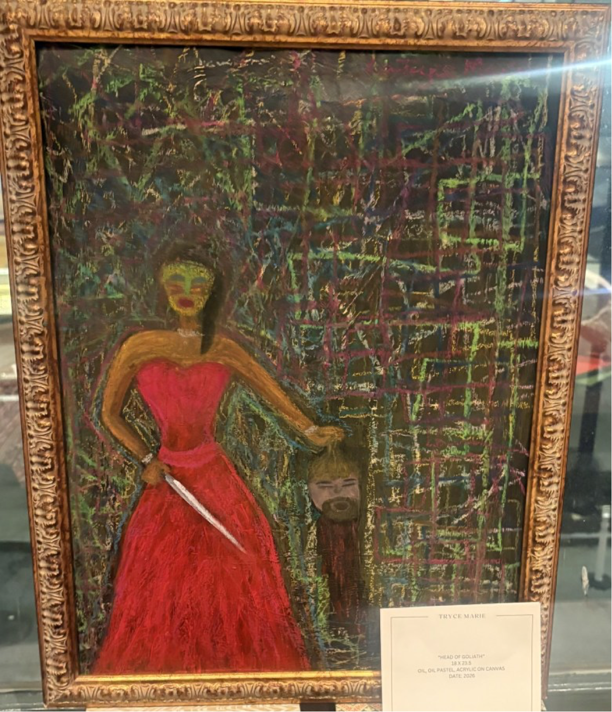 Head of Goliath. 18x 23.5, oil, oil pastel, acrylic on canvas, 2026. Photo by Noah Washington/The Atlanta Voice