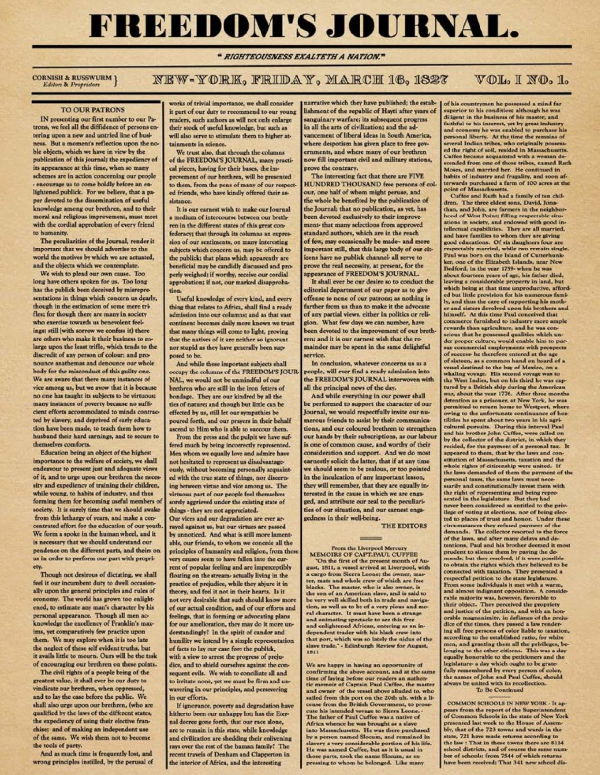 Shown here is a copy of the first Black newspaper, “Freedom’s Journal.” The four-column offering, created in New York City by John Russwurm and Samuel Cornish, was first published on March 16, 1827. Credit: Image courtesy of the Library of Congress.