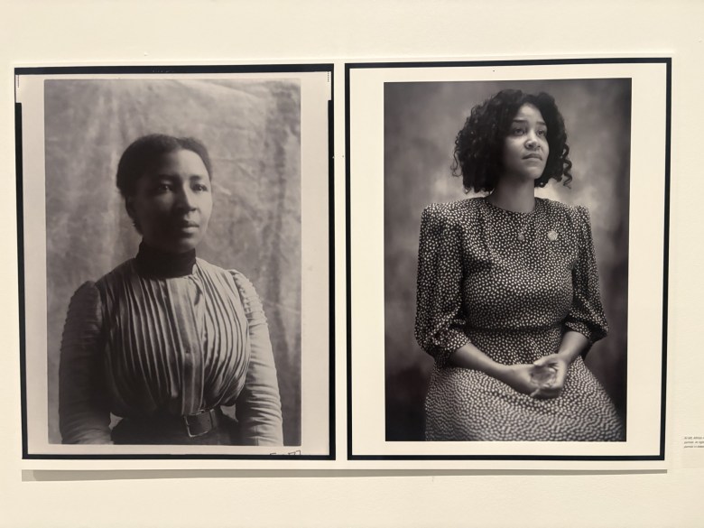 A split image showing a historical half-length portrait of an African American woman alongside Rosalynne Duff posing for a portrait in Atlanta in 2026.
