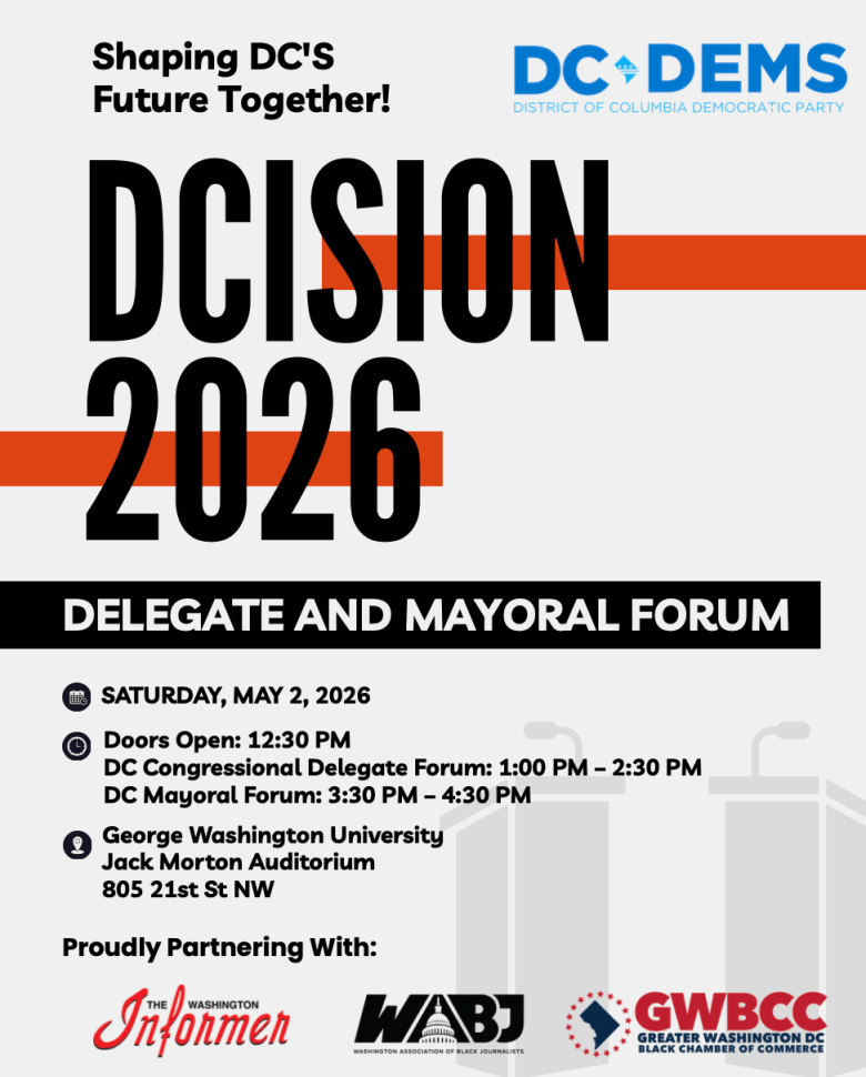 Candidates for mayor and congressional delegate will participate in the DCision 2026 debates at Jack Morton Auditorium on the campus of George Washington University in Washington, D.C., on May 2. Credit: Courtesy image
