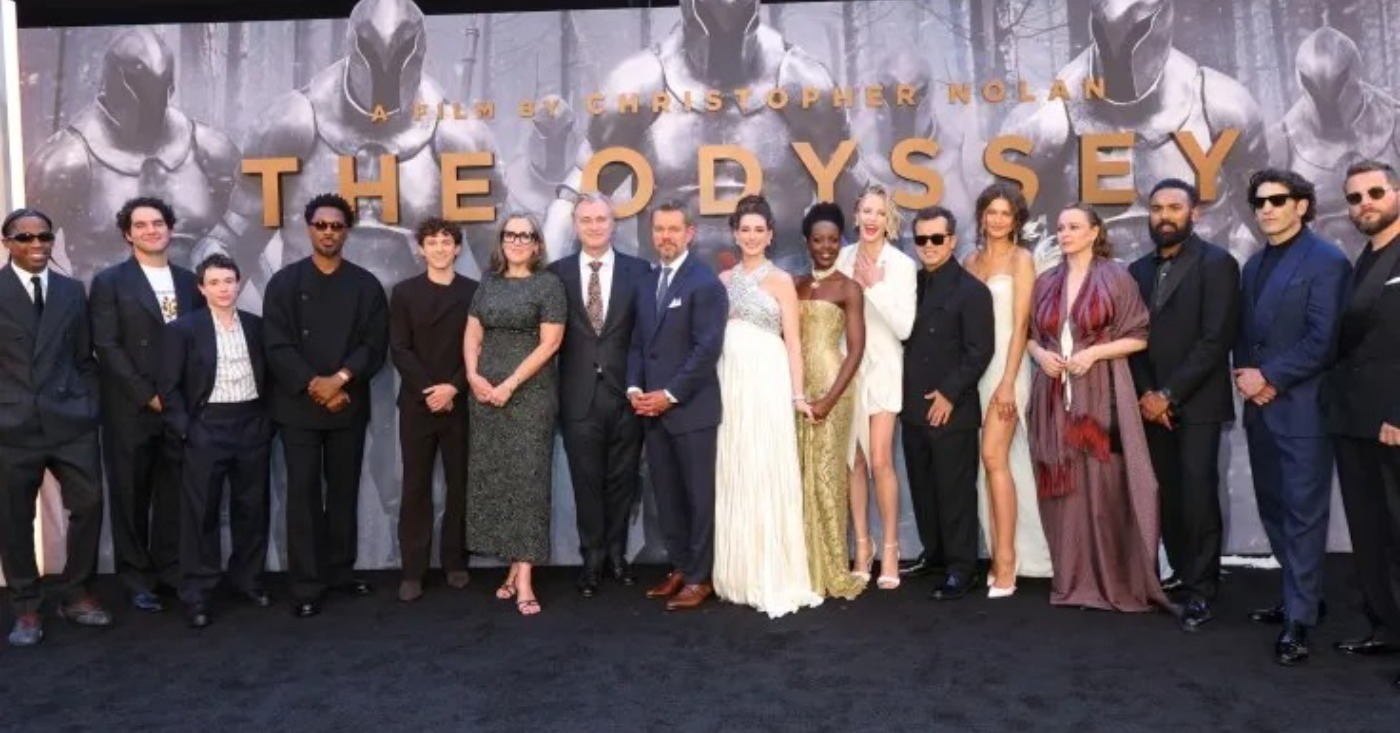 NEW YORK, NEW YORK - JULY 14: (L-R) Travis Scott, Benny Safdie, Elliot Page, Corey Hawkins, Tom Holland, Emma Thomas, Christopher Nolan, Matt Damon, Anne Hathaway, Lupita Nyong'o, Charlize Theron, John Leguizamo, Zendaya, Samantha Morton, Himesh Patel, Jon Bernthal, and Logan Marshall-Green attend the premiere of 