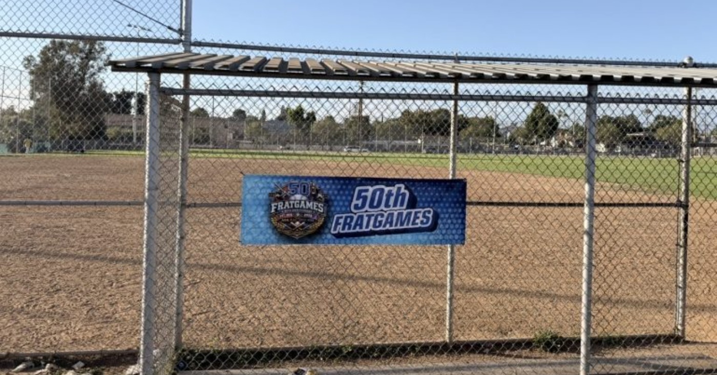 A banner commemorates the 50th anniversary of Frat Games at Darby Park in Inglewood, Calif., on Saturday, July 25. The annual event brings together members of the Divine Nine for fellowship, competition and community. (Daniele Lawson / L.A. Sentinel)